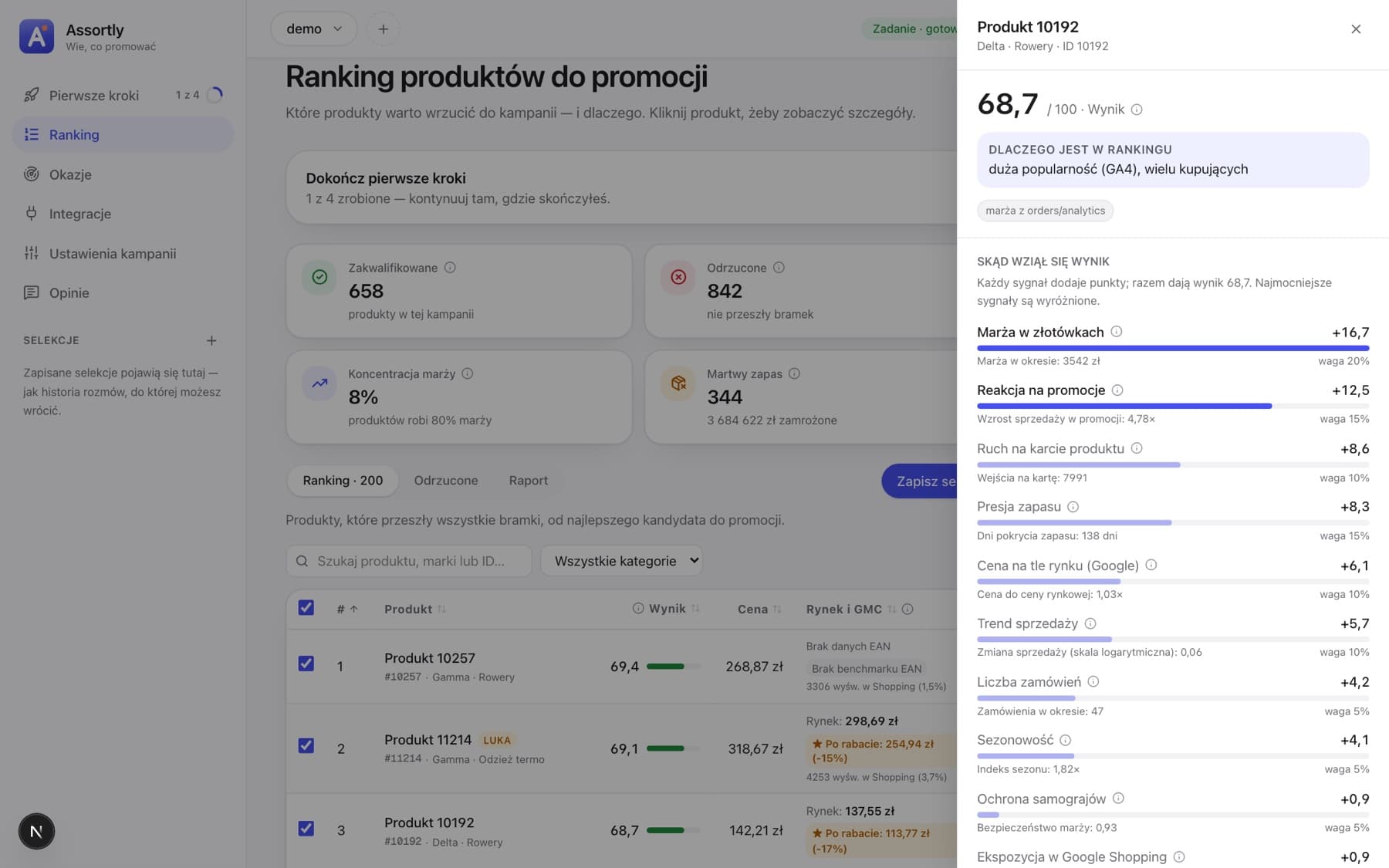 Panel szczegółów produktu z wynikiem, powodem i wyjaśnionymi liczbami
